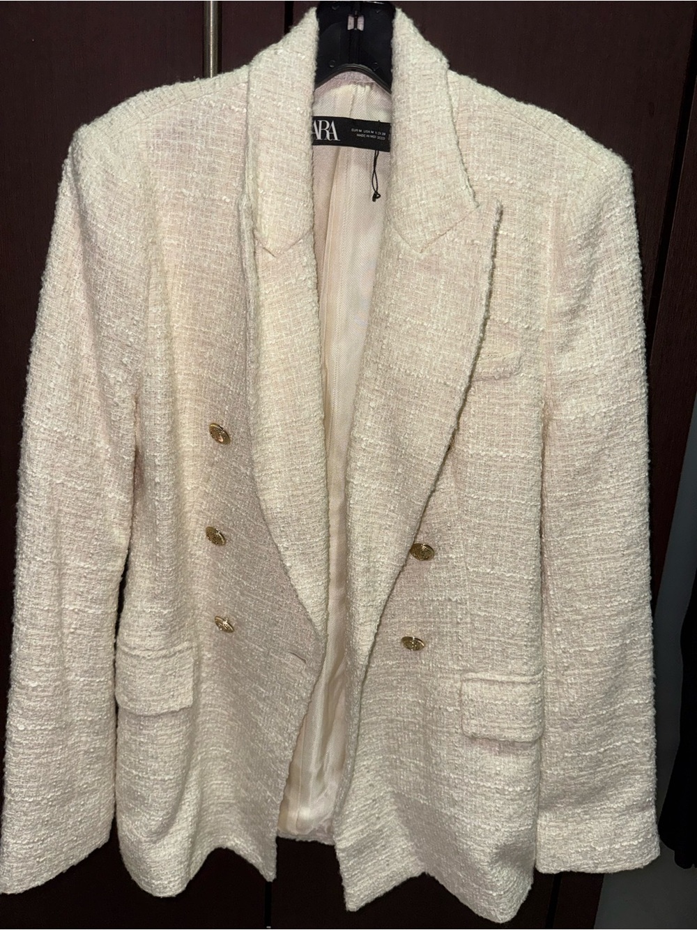Zara Cream Tweed Double-Breasted Blazer with Gold Buttons